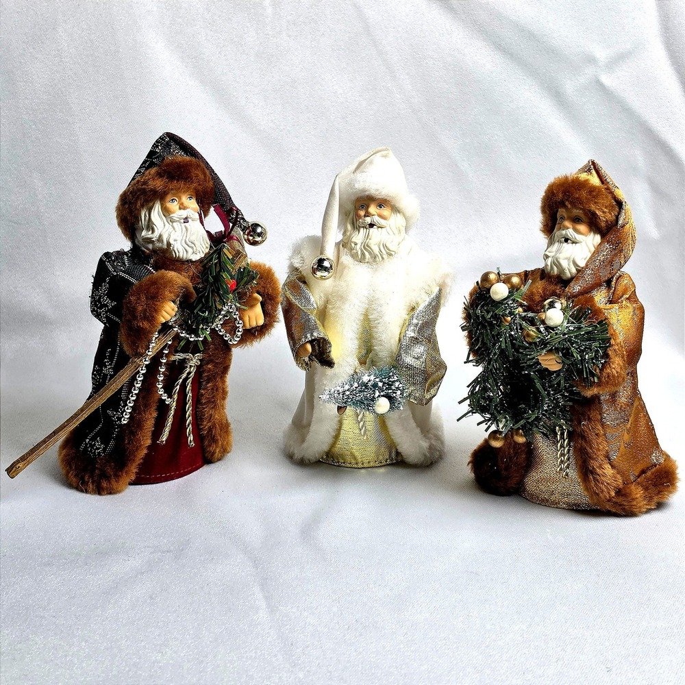 Vintage JCPenney Santa Claus Figurines Set of 3 Faux Fur Trim 90s Holiday Decor